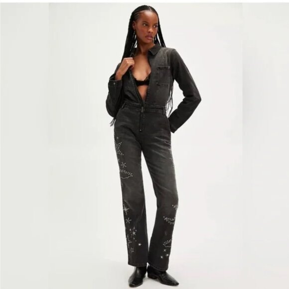 NWT Free People x Driftwood Celestial Black Denim Jumpsuit Studded Embroidery XS - Picture 4 of 14